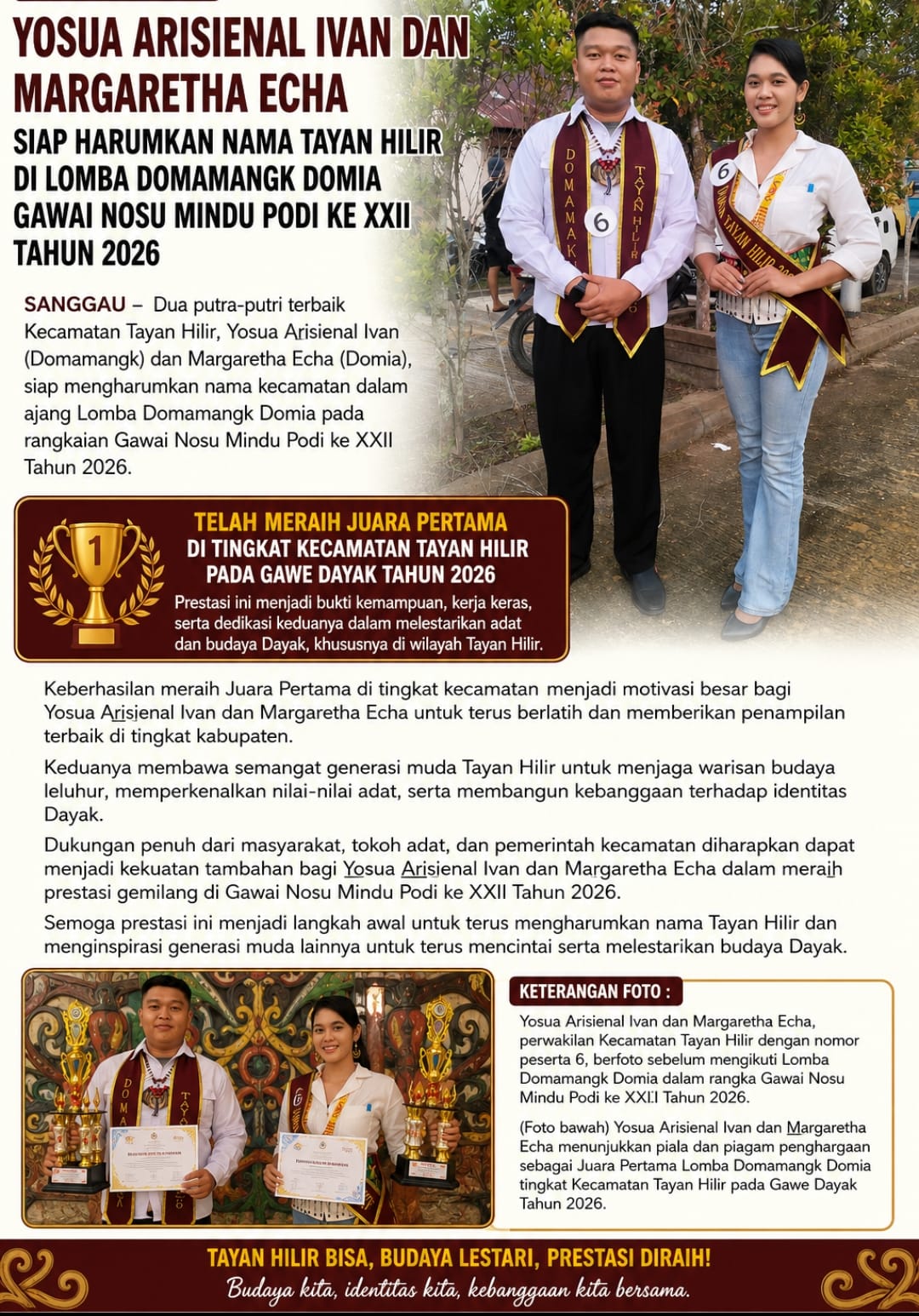 Yosua Arisienal Ivan dan Margaretha Echa Siap Harumkan Nama Tayan Hilir di Lomba Domamangk Domia Gawai Nosu Mindu Podi XXII Tahun 2026