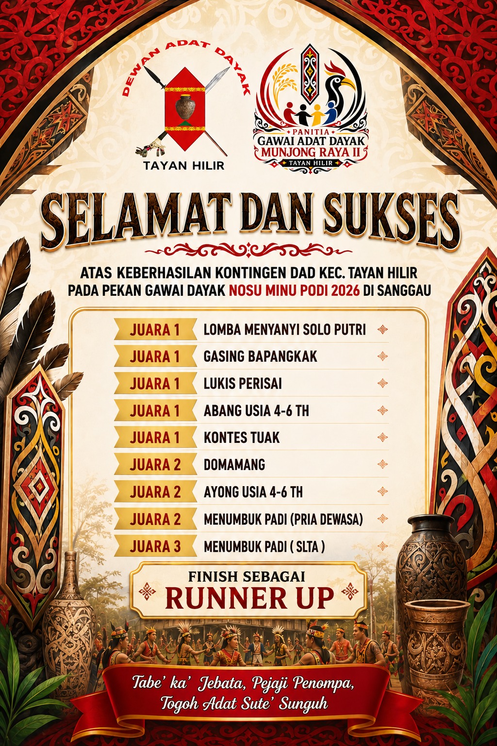 Kontingen DAD Kecamatan Tayan Hilir Raih Runner Up pada Pekan Gawai Dayak Nosu Minu Podi 2026