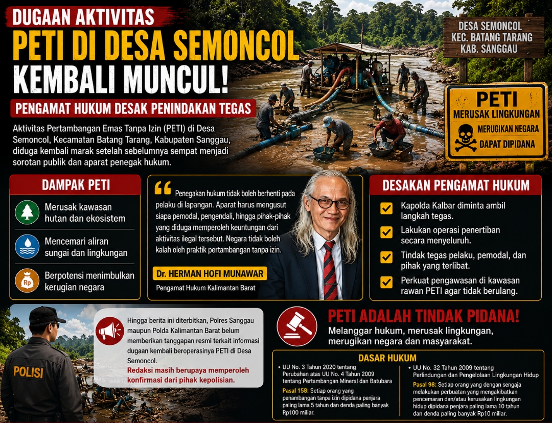 Dugaan Aktivitas PETI di Desa Semoncol Kembali Muncul, Pengamat Hukum Desak Penindakan Tegas